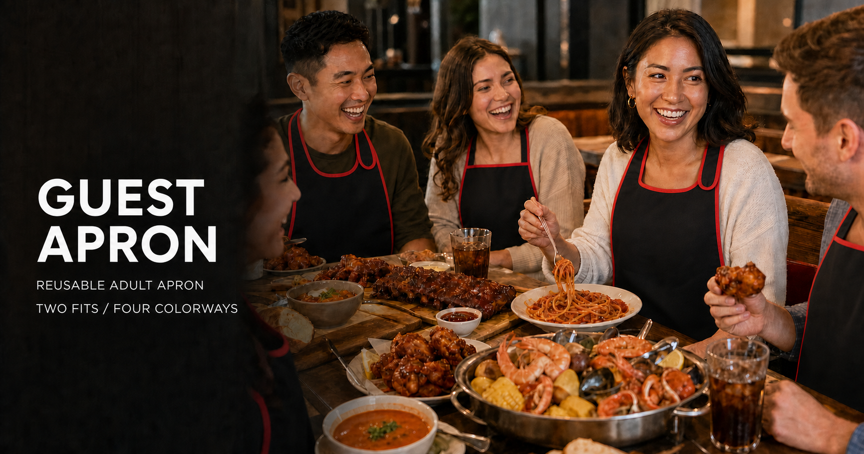 Illustrative restaurant scene showing adults wearing the Velcro and over-the-neck Guest Apron styles while sharing sauce-heavy foods