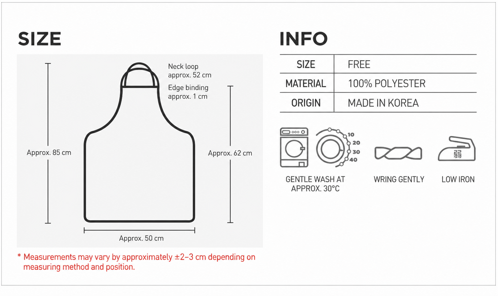 English size diagram for the over-the-neck apron