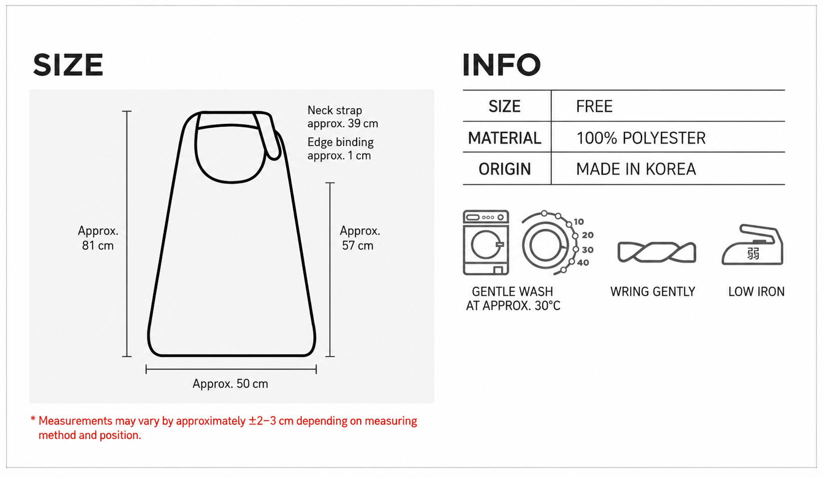 English size diagram for the Velcro bib