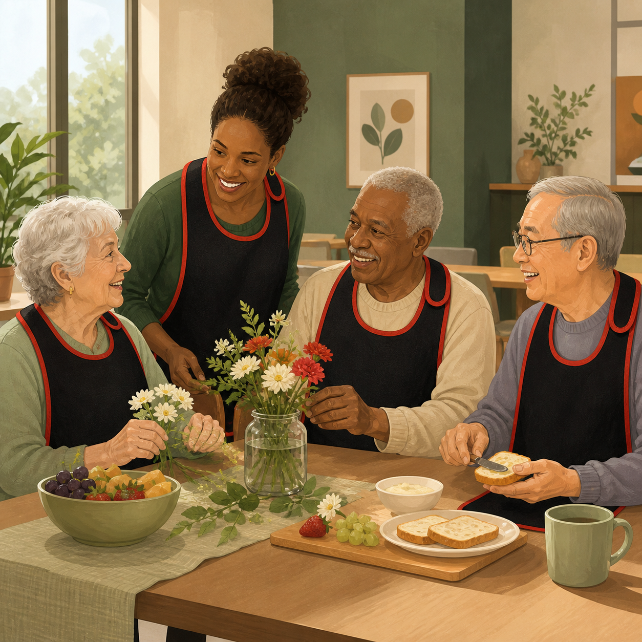Illustration of adults wearing guest aprons during a welcoming community activity