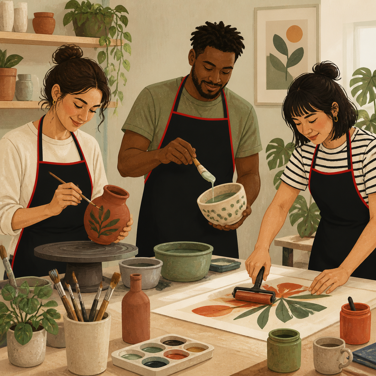Illustration of adults wearing aprons during a pottery and printmaking workshop