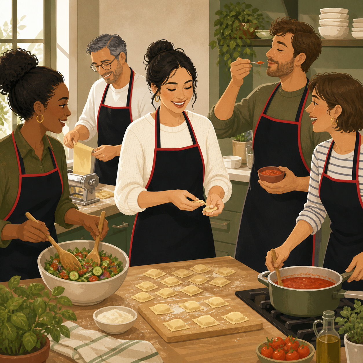 Illustration of a group wearing aprons during a hands-on cooking class