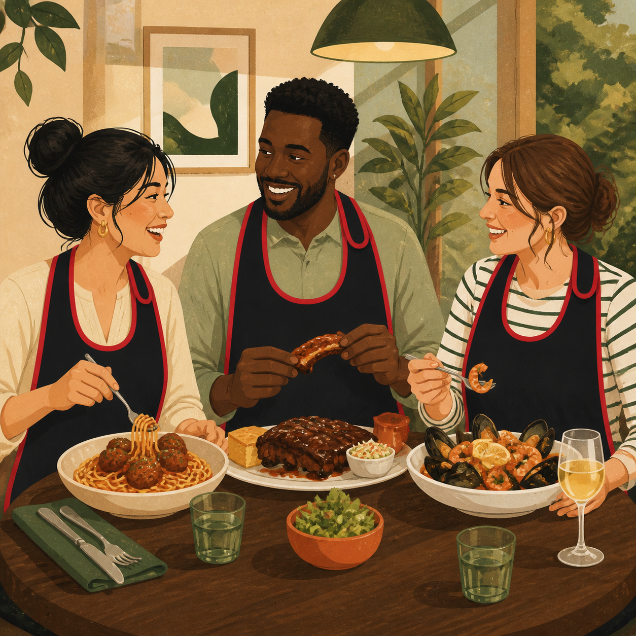 Illustration of adults wearing guest aprons while enjoying a sauce-heavy restaurant meal